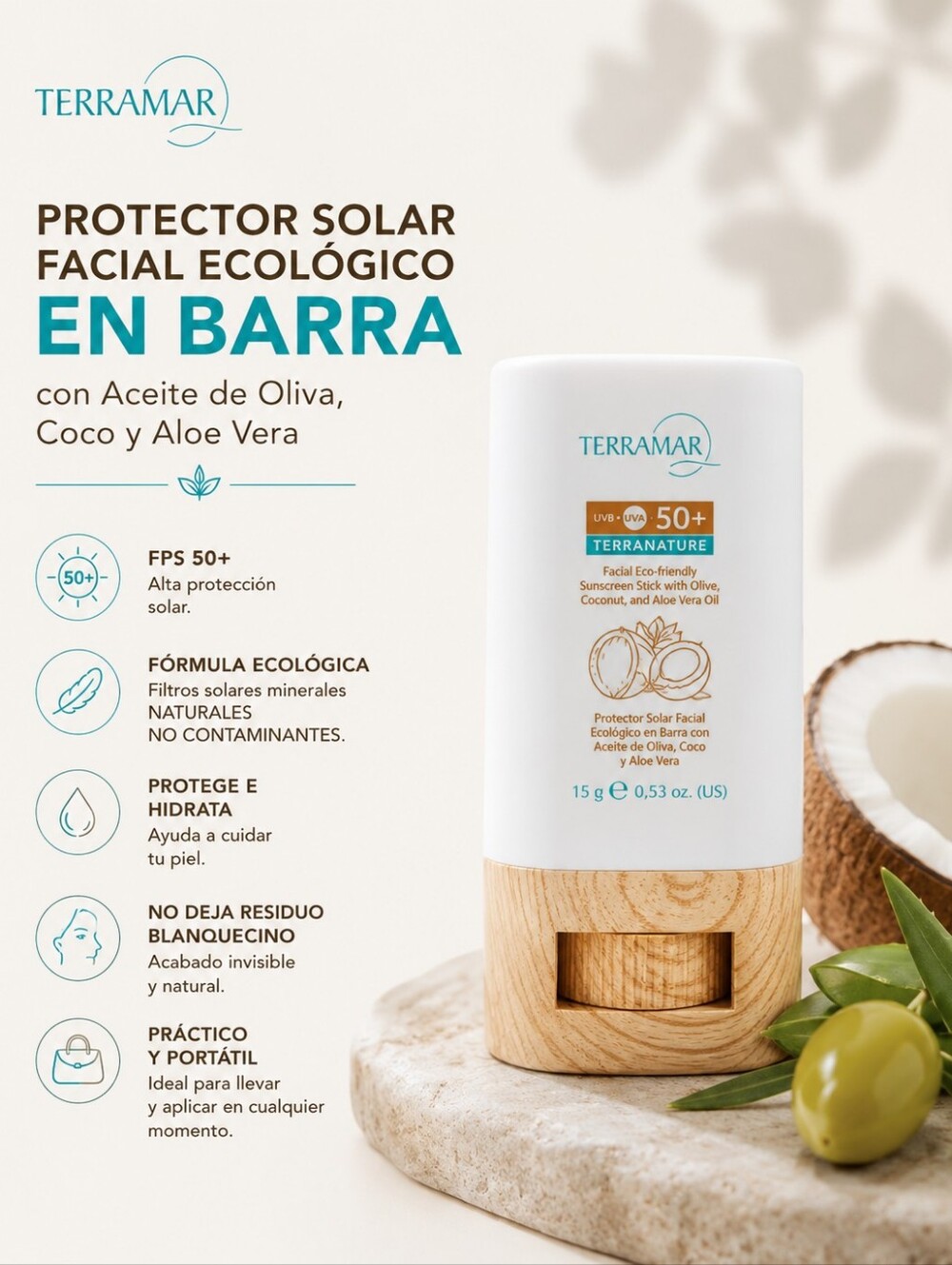 Protector Solar Facial Ecológico en BarraSPF 50+/Facial Sunscreen Stick
